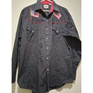 Ely Cattleman Western Cowboy Shirt Black‎ Red Trim American Flag Men's  Large